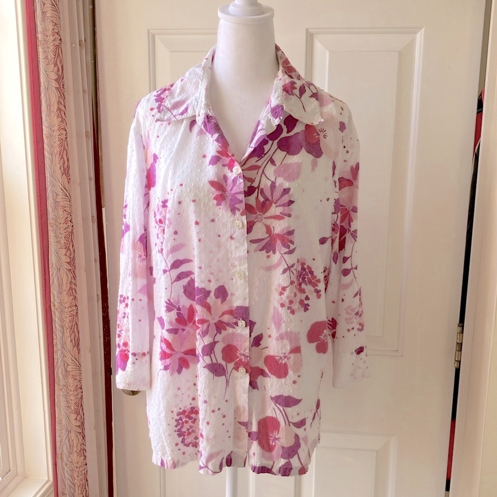 Liz Claiborne First Issue 3/4 Sleeve Cotton Top White/Pink Plus Size 2/2X